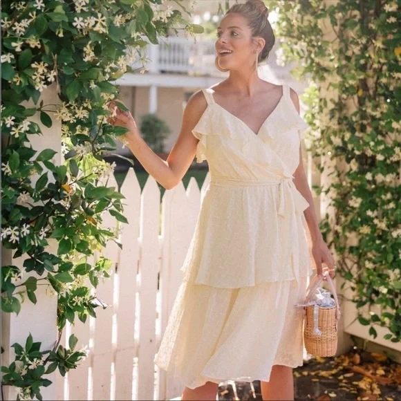 GAL MEETS GLAM Helena Light Yellow Eyelet Ruffle Dress Size 6P - Picture 2 of 8